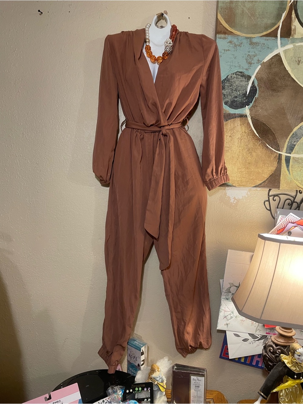 Fashion Nova Rust Brown Wrap-Front Jumpsuit with Tie Waist - Picture 2 of 4